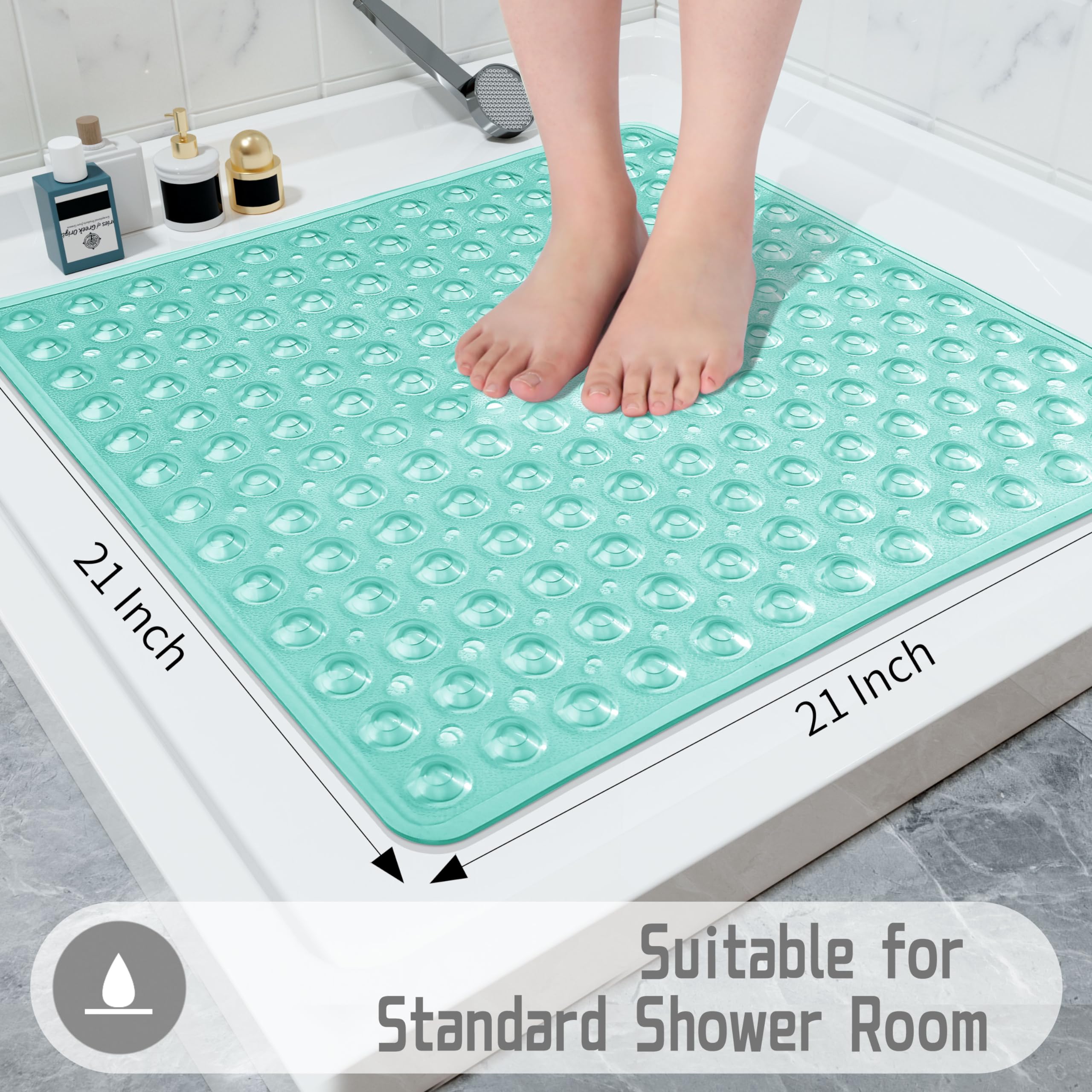 Yimobra Shower Stall Mat Non Slip, 21X21 Inch, Soft Square Bath Mat For Shower With Suction Cups And Drain Holes, Stall Floor Ma